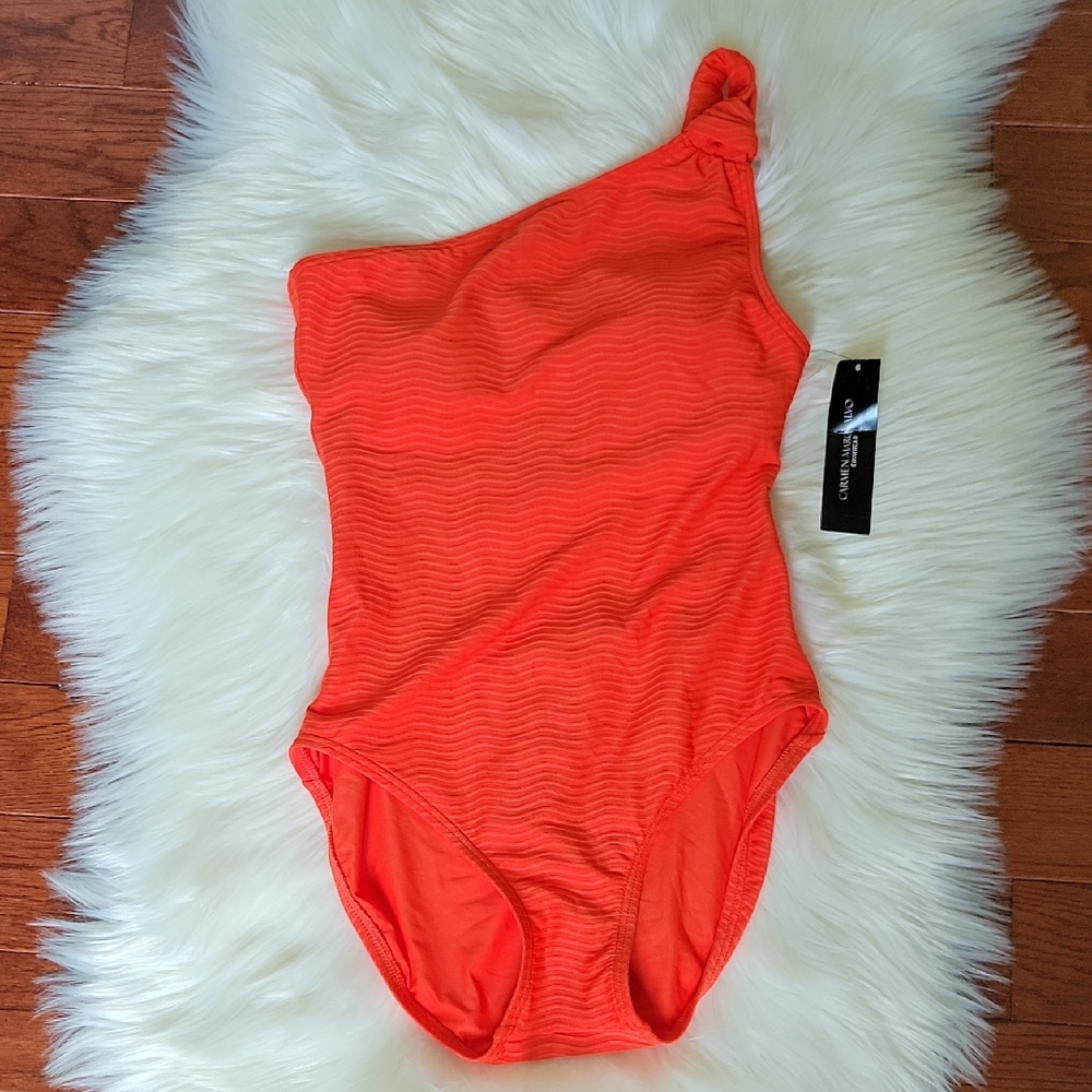Carmen Marc Valvo One-Shoulder One-Piece Swimsuit in Orange